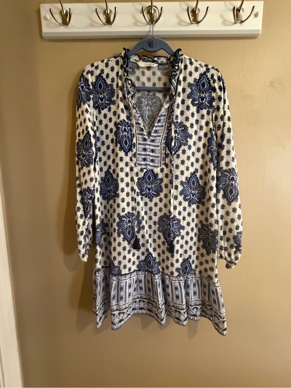 Zara Navy and White Printed Long-Sleeve Tunic Dress